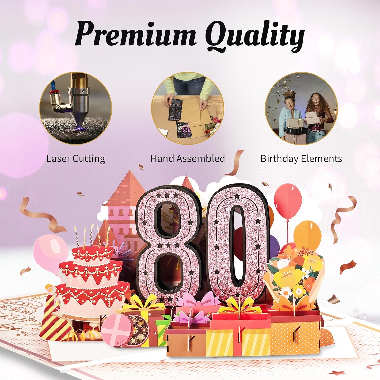 80th Birthday Card for Women Her, Large 3D Pop Up 80th Birthday cards forMom Grandma, Happy 80 Year Old Birthday Decorations for Wife Sister Funny Birthday Gifts, Back to 1946, Pink
