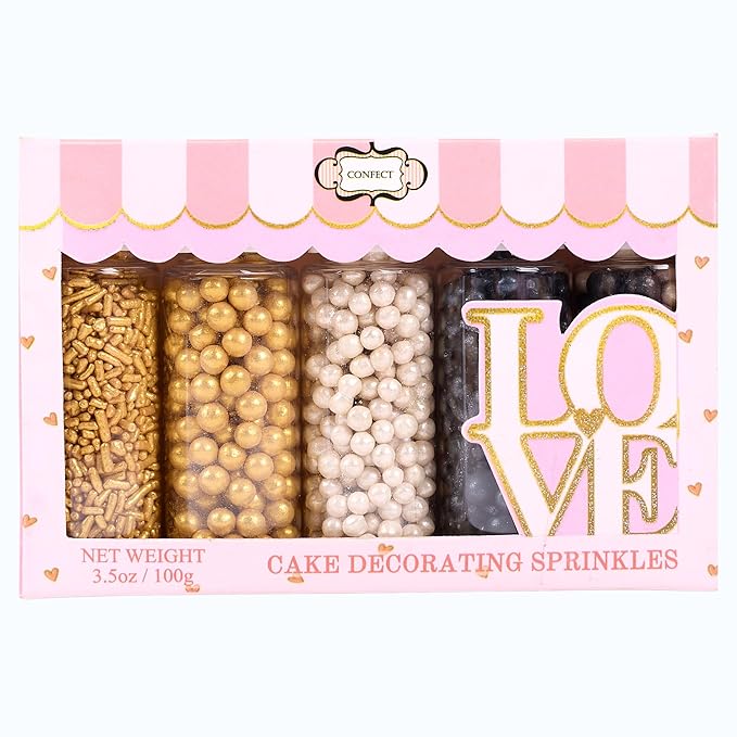 Confect Sprinkles- Red Carpet Glam Cake Decorating Sprinkles – Edible Black, White & Champagne Gold Dragees, Gold & Black Jimmies Mix – Sprinkle Mix for Cakes, Cupcakes, Cookies & Dessert Decoration- Vegan, Gluten-Free, Nut-Free, Soy-Free, Dairy-Free, ...
