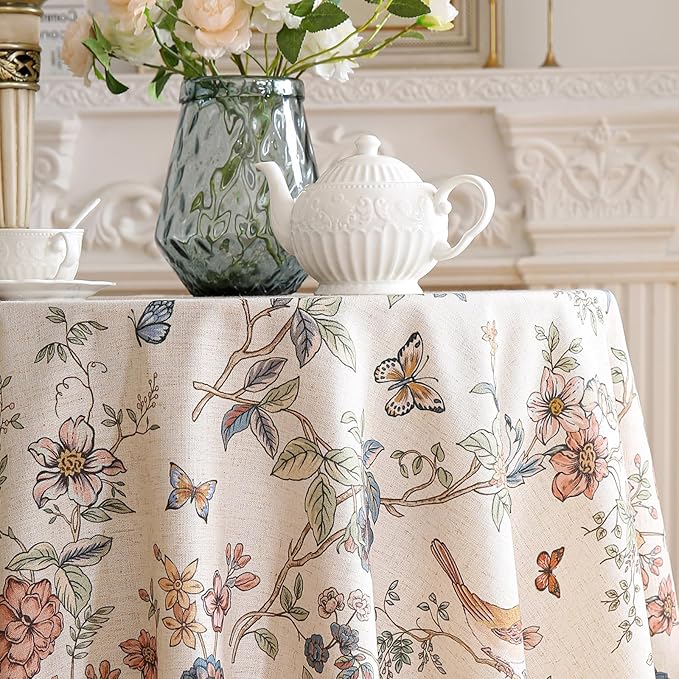 ISAENNE Designer French Light Beige Round Tablecloth,Linen Florals and Birds Pattern Table Cloth,Anti-Wrinkle Decorative Tablecloths for Dining Thanksgiving Kitchen,Diameter 67"-Cornucopia