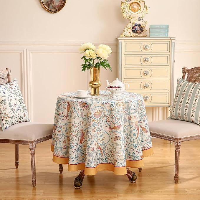 patdrea Designer Vintage Tablecloth for Round Table,Yellow Linen Floral Birds Tablecloths,Decorative Table Cover for Kitchen Dining Holiday Banquet,Christmas,Thanksgiving,Diameter 55"-Magnolia