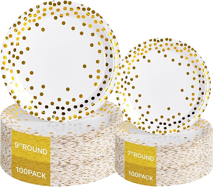 Lullaby 200PCS White Paper Plates, Disposable White and Gold Paper Plates, 100pcs Dinner Plates 9", 100pcs Dessert Plates 7", Party Plates with Golden Dot for Birthday, Gathering