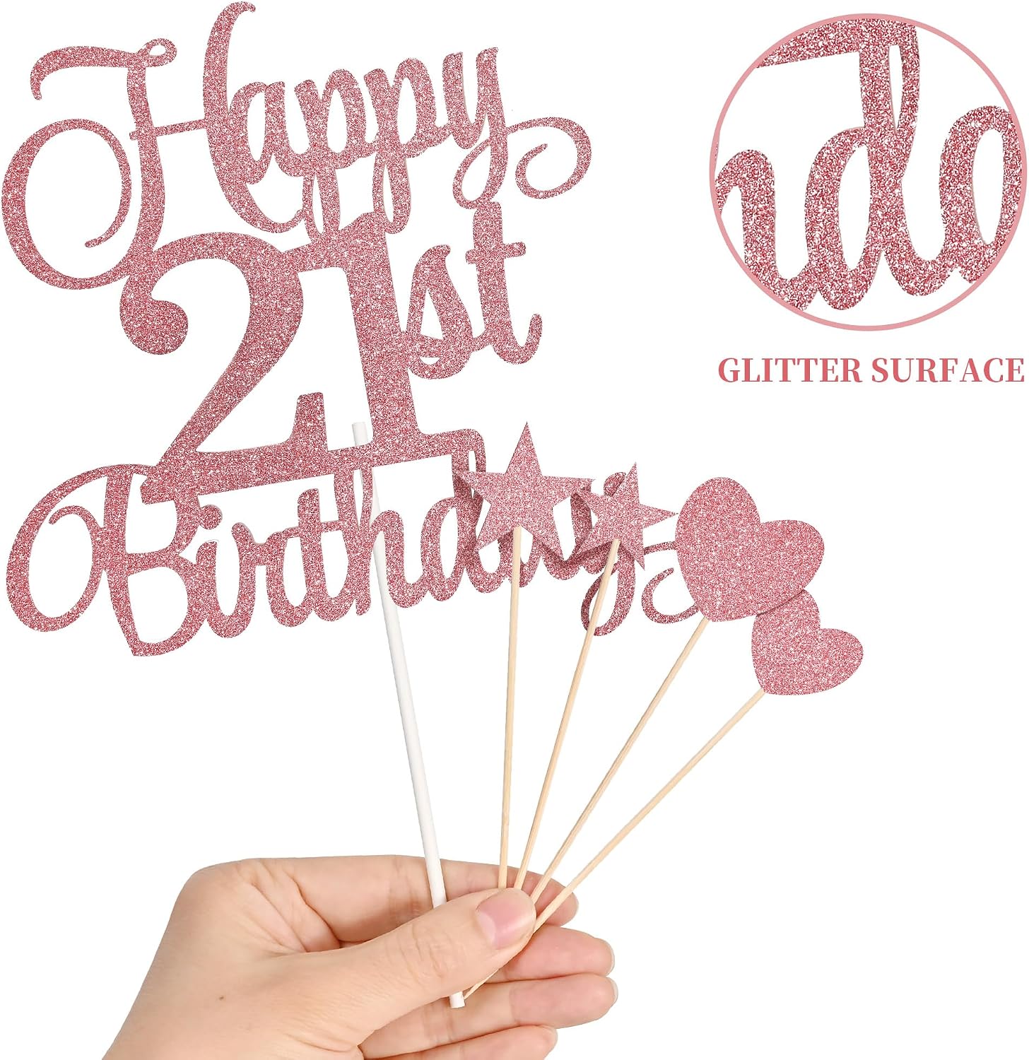 21st Birthday Cake Toppers, 21st Birthday Candles Numeral Candles and Glitter Cake Decorations Toppers Set for Party Supplies (Rose Gold)