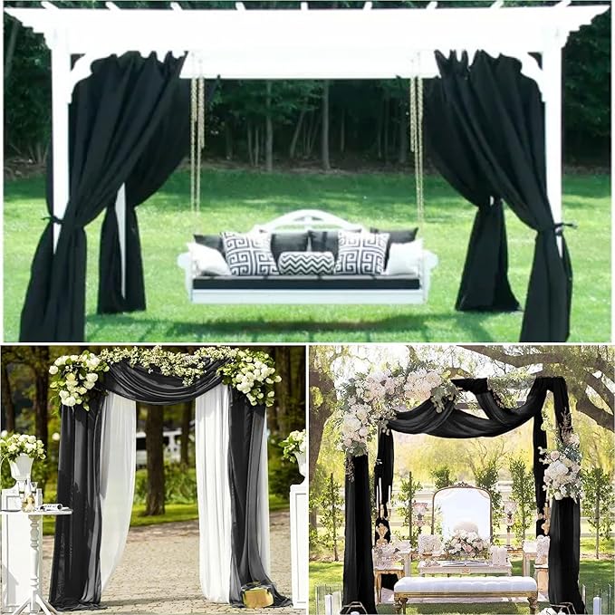 6 Panels Wedding Arch Draping Fabric 28 x 20Ft Chiffon Weddings Arch Drapes Chiffon Fabric Drape Sheer Backdrop Curtain for Wedding Party Ceremony Birthday Reception Swag Backdrop Ceiling Décor(Black)