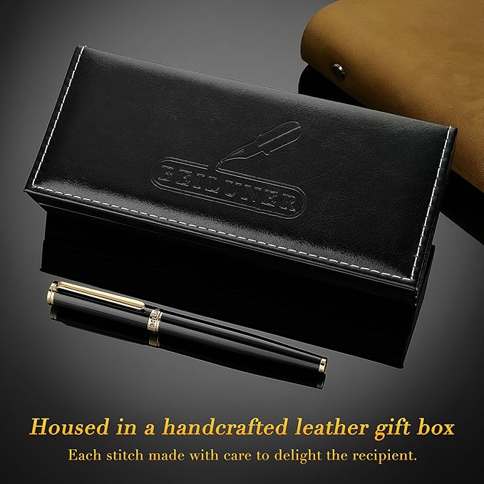 BEILUNER Black Fountain Pen,Stunning Luxury Pens with 24K Gold Accents, Gorgeous 24K Gilded Nib(Medium), Trustworthy Pen Gift for Men&Women -Ink Converter-Elegant, Reliable,Nice Pen for Writing