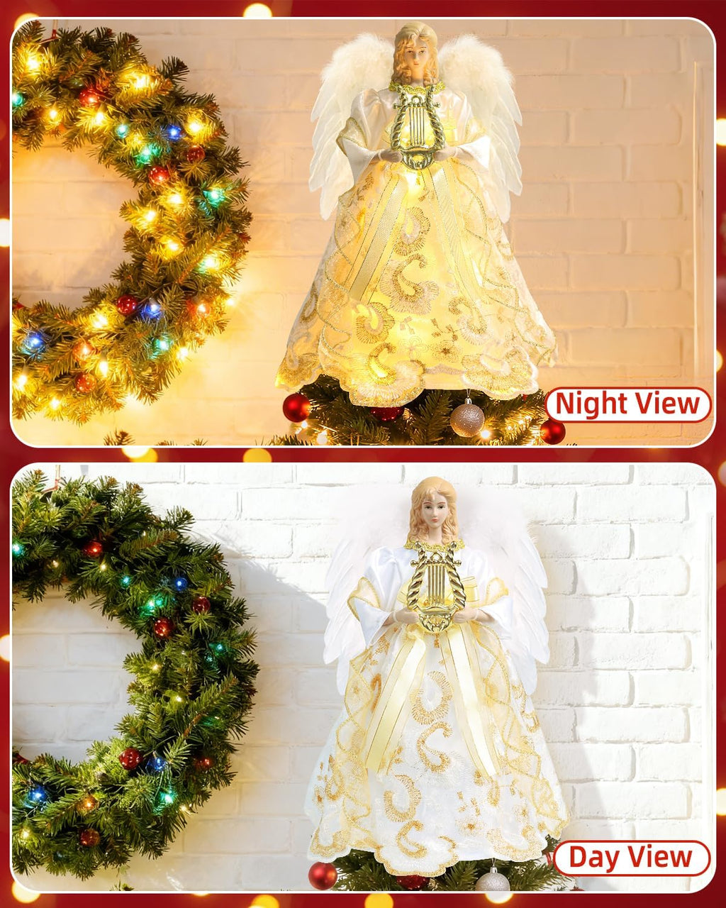 Angel Tree Topper with Lights, 12'' Christmas Tree Topper Angel, Battery Operated Lighted Treetop Ornaments, Elegant Christmas Tree Decorations for Indoor Office Holiday
