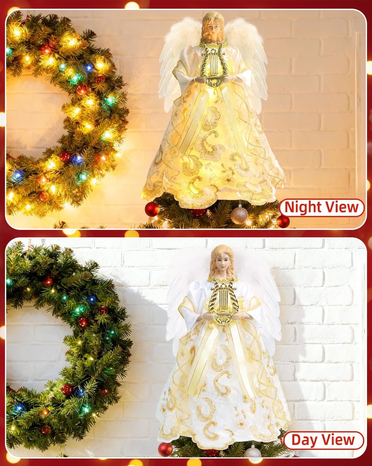 Angel Tree Topper with Lights, 12'' Christmas Tree Topper Angel, Battery Operated Lighted Treetop Ornaments, Elegant Christmas Tree Decorations for Indoor Office Holiday