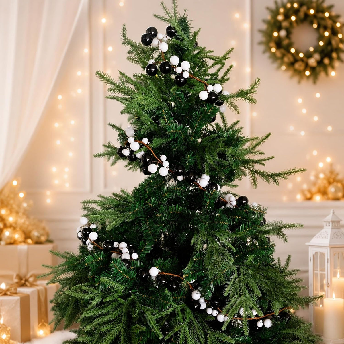 9ft black white christmas ball garland ornaments, gothic showing dimensions