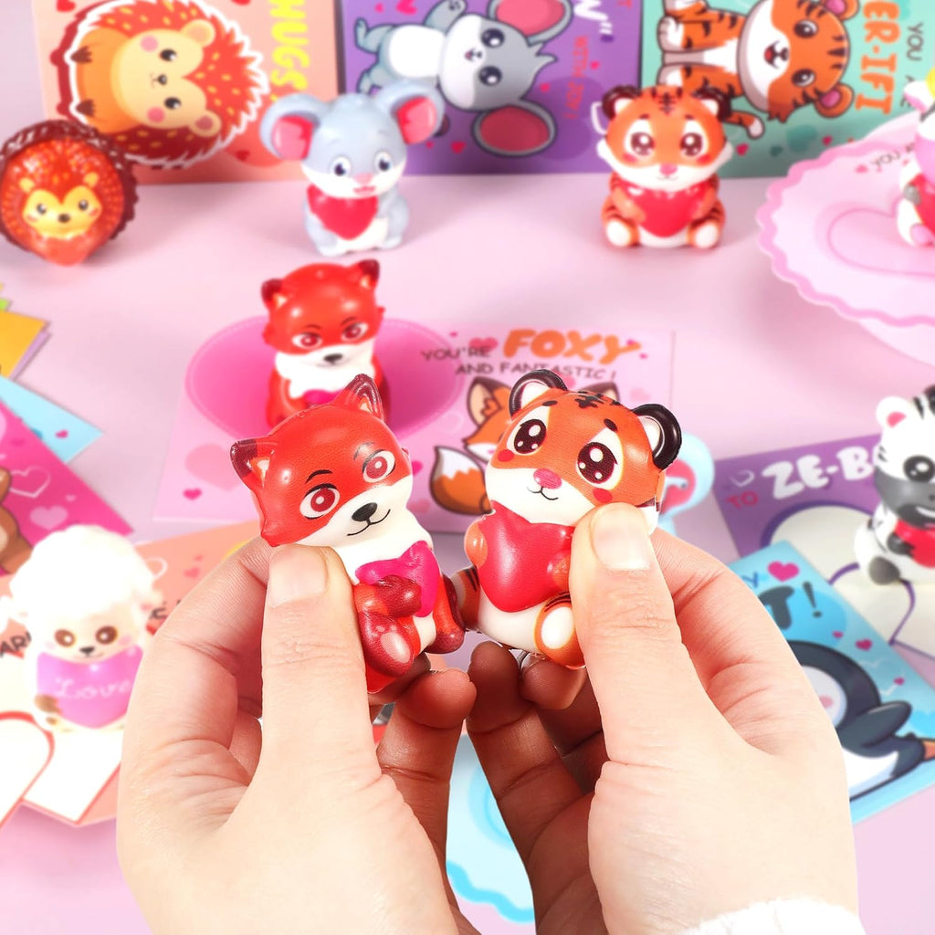 24Pcs Valentines Day Gifts for Kids, Animal Heart Squishy Toys With Cards for Galentines School Gift Exchange, Classroom Prizes, Bag Stuffers, Party Favors