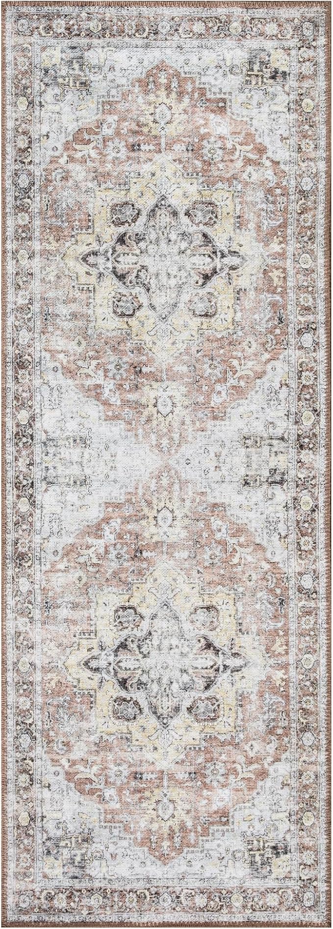 Bloom Rugs Washable Non-Slip 12 ft Runner - Blush/Beige Traditional Medallion Runner for Entryway, Hallway, Bathroom, and Kitchen - Exact Size: 2.5' x 12'