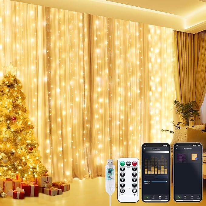 Brightown Smart Curtain Lights - 9.8ft 300 LED Window Smart String Light with APP and Remote, 8 Modes, USB Plug in, Waterproof Fairy Lights for Bedroom, Indoor, Weddings, Party, Christmas Decorations