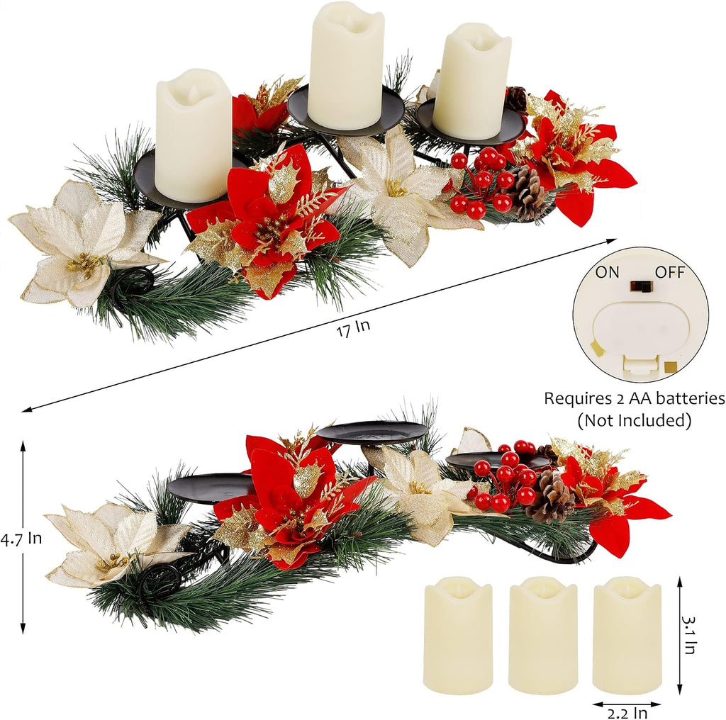 FORUP Christmas Centerpiece, Christmas Candle Holders, Christmas Tabletop Poinsettia Centerpiece with 3 Flameless Candle, Romantic Holiday Candelabrum for Home Party Christmas Table Mantel Decorations