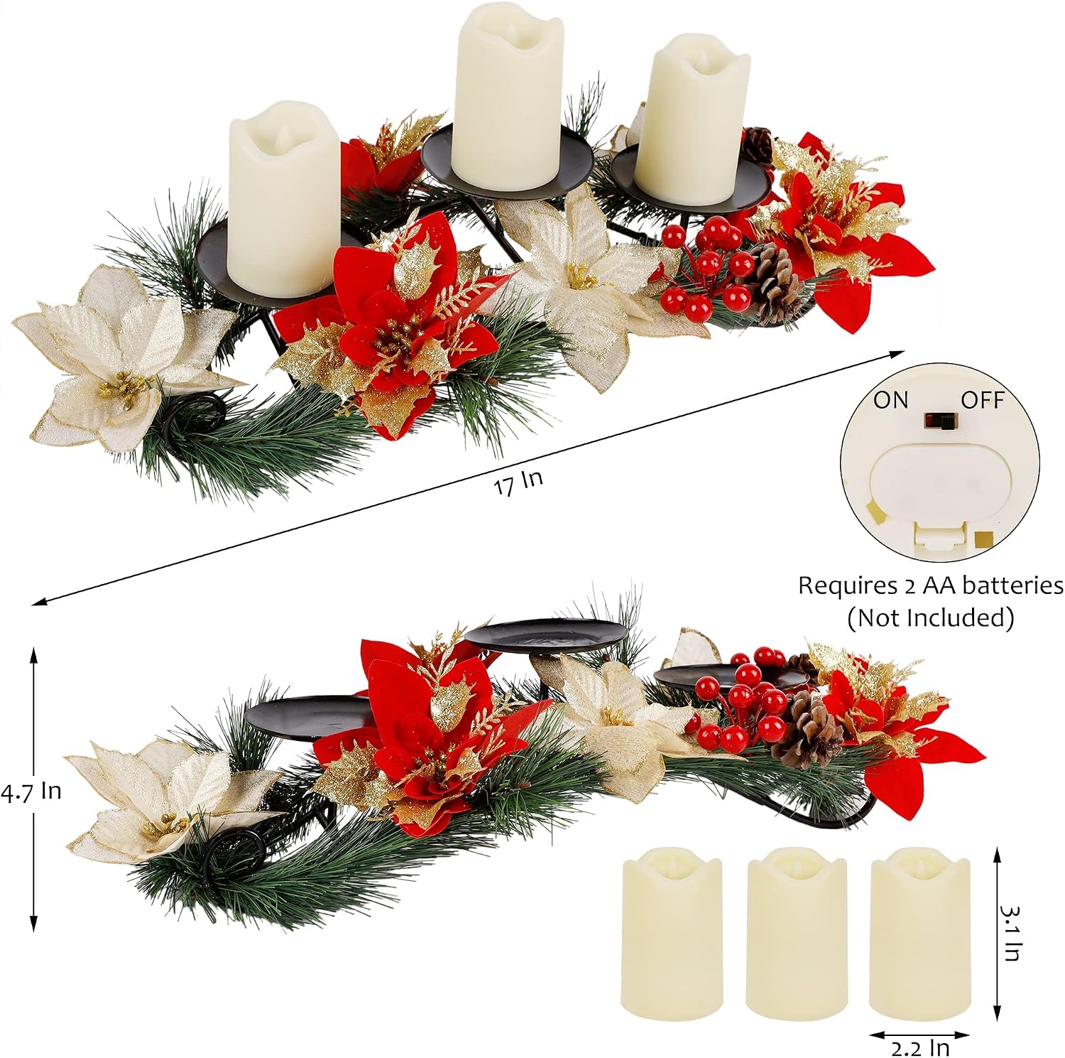 FORUP Christmas Centerpiece, Christmas Candle Holders, Christmas Tabletop Poinsettia Centerpiece with 3 Flameless Candle, Romantic Holiday Candelabrum for Home Party Christmas Table Mantel Decorations