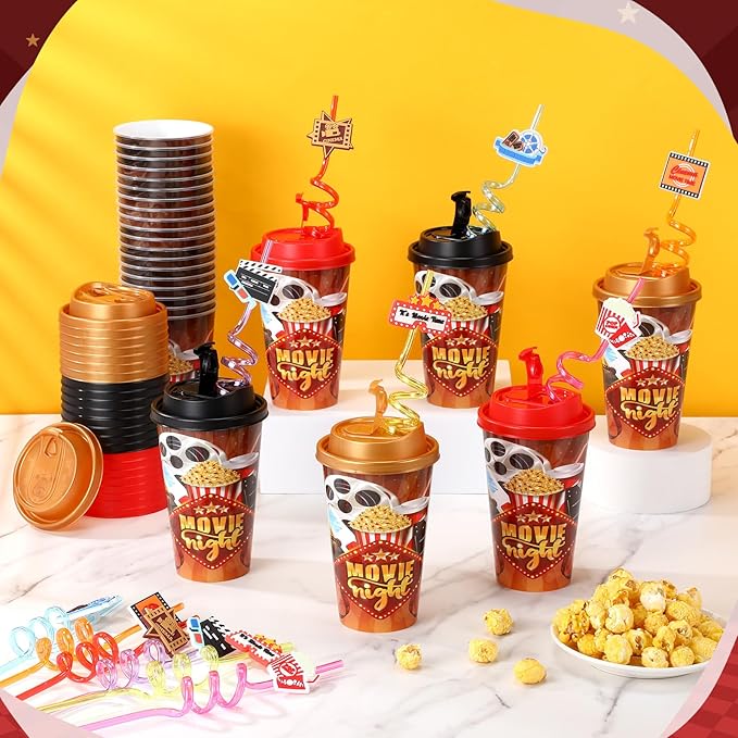 Yungyan 16 Sets Movie Night Party Favors Goodie Cups with Lids and Straws for Halloween Party Decorations Reusable 16oz Plastic Candy Cups Plastic Straws for Birthday Gift(Movie Night)