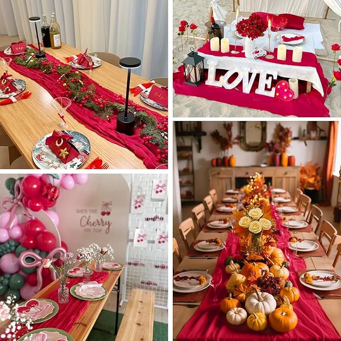 3 Pack Red Cheesecloth Table Runner Gauze Christmas Table Runner 35x120 Inch Rustic Boho Cheese Cloth Sheer Runner for Wedding Baby Shower Bridal Shower Birthday Party Holiday Decorations