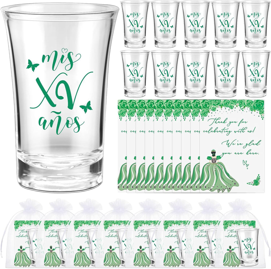 Havawish 50 Sets Quinceanera Party Favors for Guests Quinceanera Acrylic Clear Personalized Shot Glasses Thank You Cards with Organza Bags Mis Xv Años Sweet 15 Birthday Party Favors (Green)