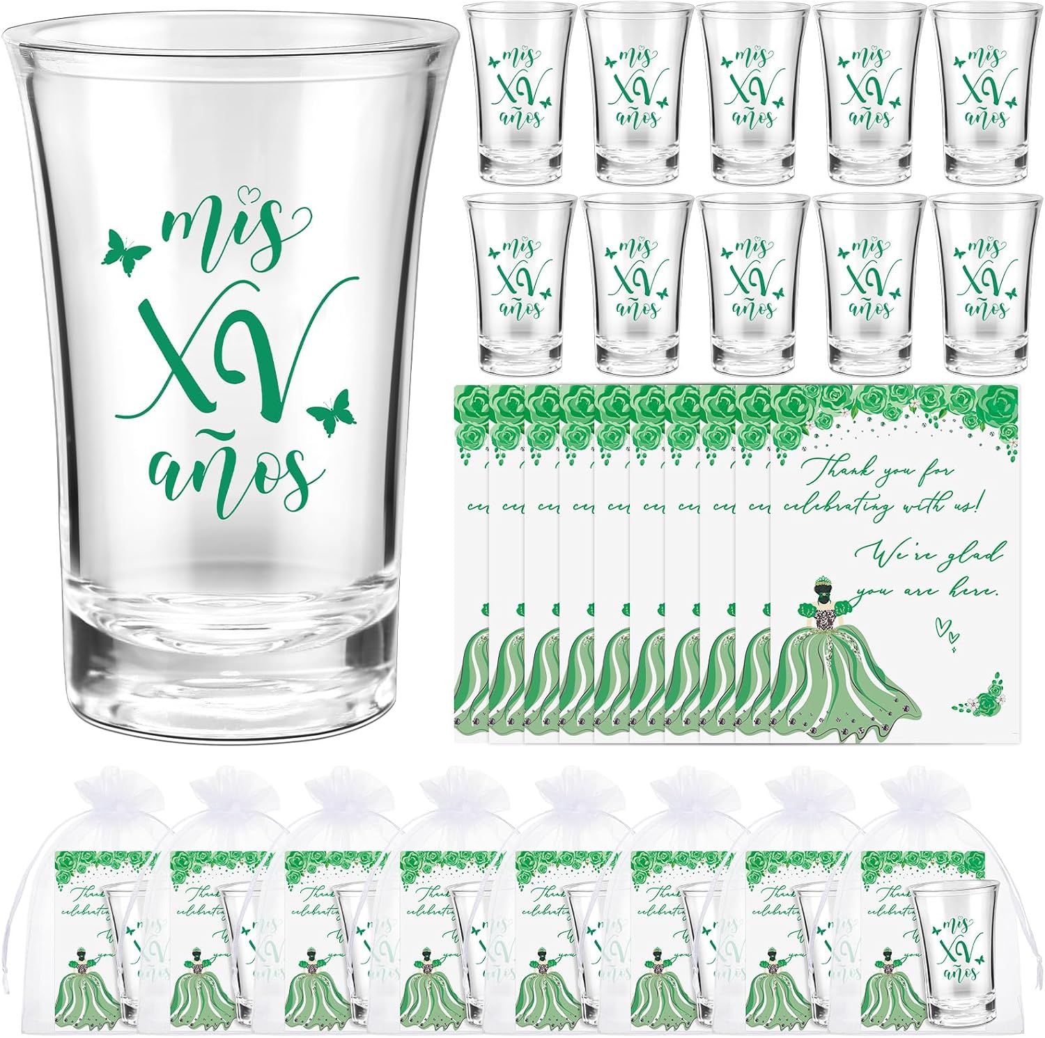 Havawish 50 Sets Quinceanera Party Favors for Guests Quinceanera Acrylic Clear Personalized Shot Glasses Thank You Cards with Organza Bags Mis Xv Años Sweet 15 Birthday Party Favors (Green)