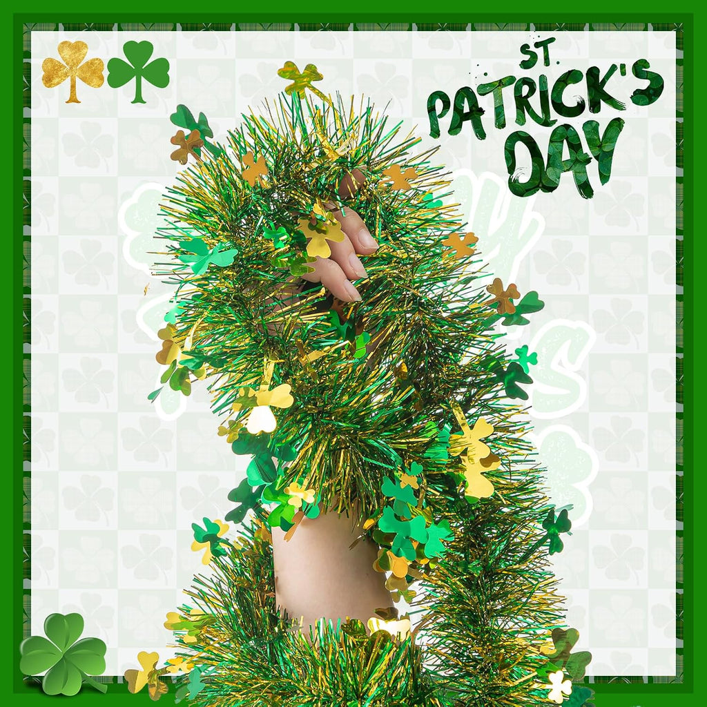 33FT St.Patrick's Day Tinsel Garland Shamrock Clover Green Golden Metallic Twist Tinsel Garland Hanging Foil Garland for St. Patrick's Day Irish Festival Party Indoor Outdoor Decoration