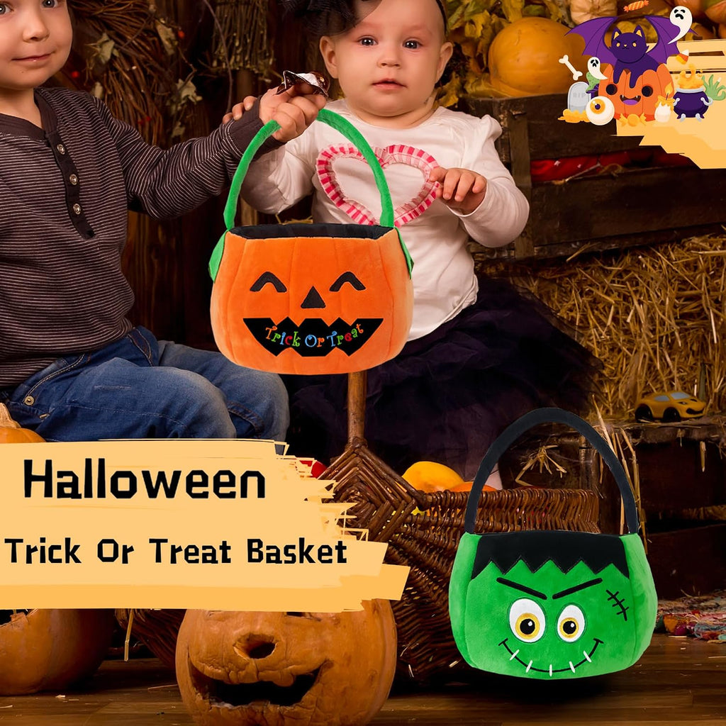 Set of 2pcs, Dia 11",Halloween Plush Pumpkin and Hulk Baskets Trick or Treat Bags Halloween Candy Bucket for Kids, Gift Bucket for Party Favor Supplies(Pumpkin&Hulk)