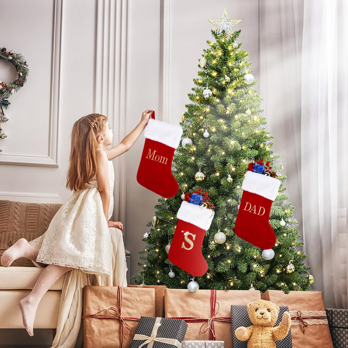 Sailup 20 Inches Monogram Christmas Stockings with DAD Letters, Large Super Soft Christmas Stockings Red Velvet with White Super Soft Plush Cuff for Christmas Xmas Tree Holiday Fireplace
