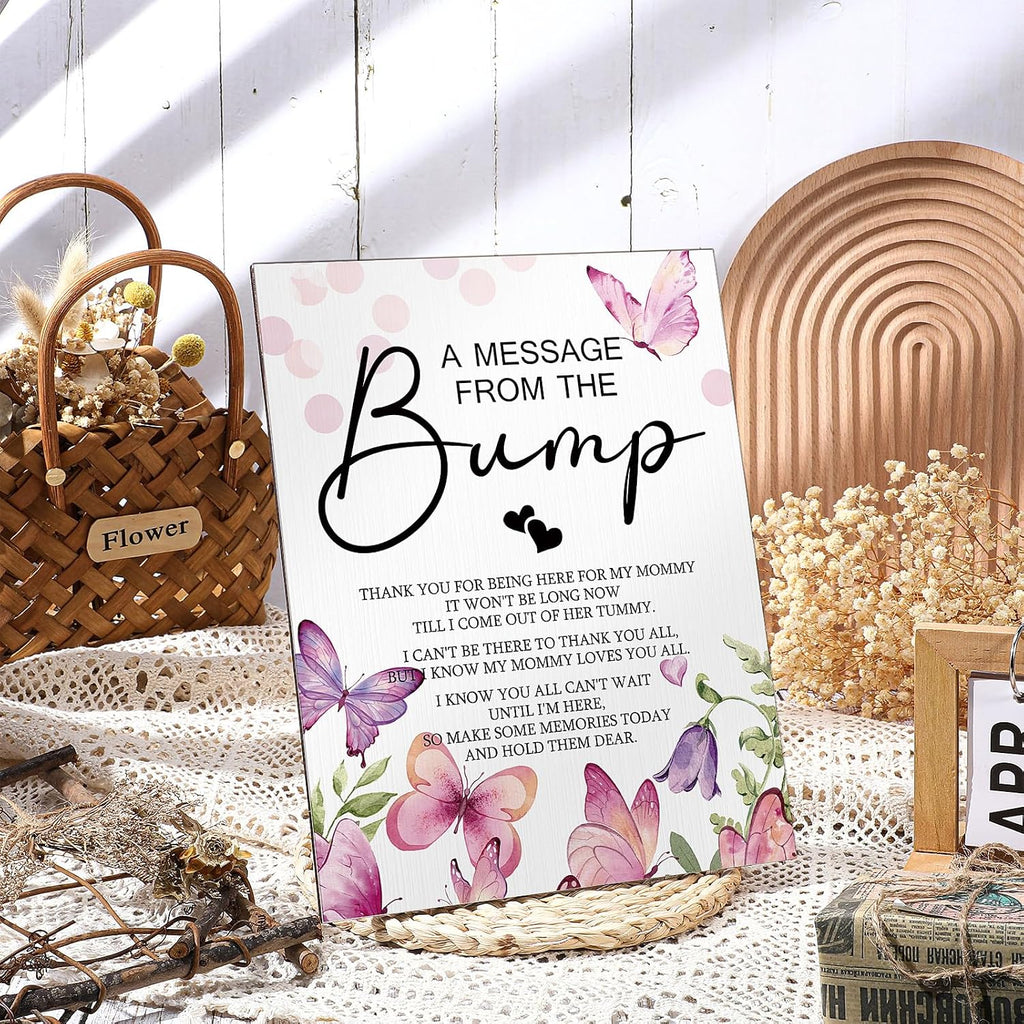 Roowest Cool Baby Shower Tabletop Decoration a Message from the Bump Wooden Baby Shower Games Sign Greenery Cute Gender Reveal Party Thank You Sign, 11.2 x 8.66 Inches(Butterfly)