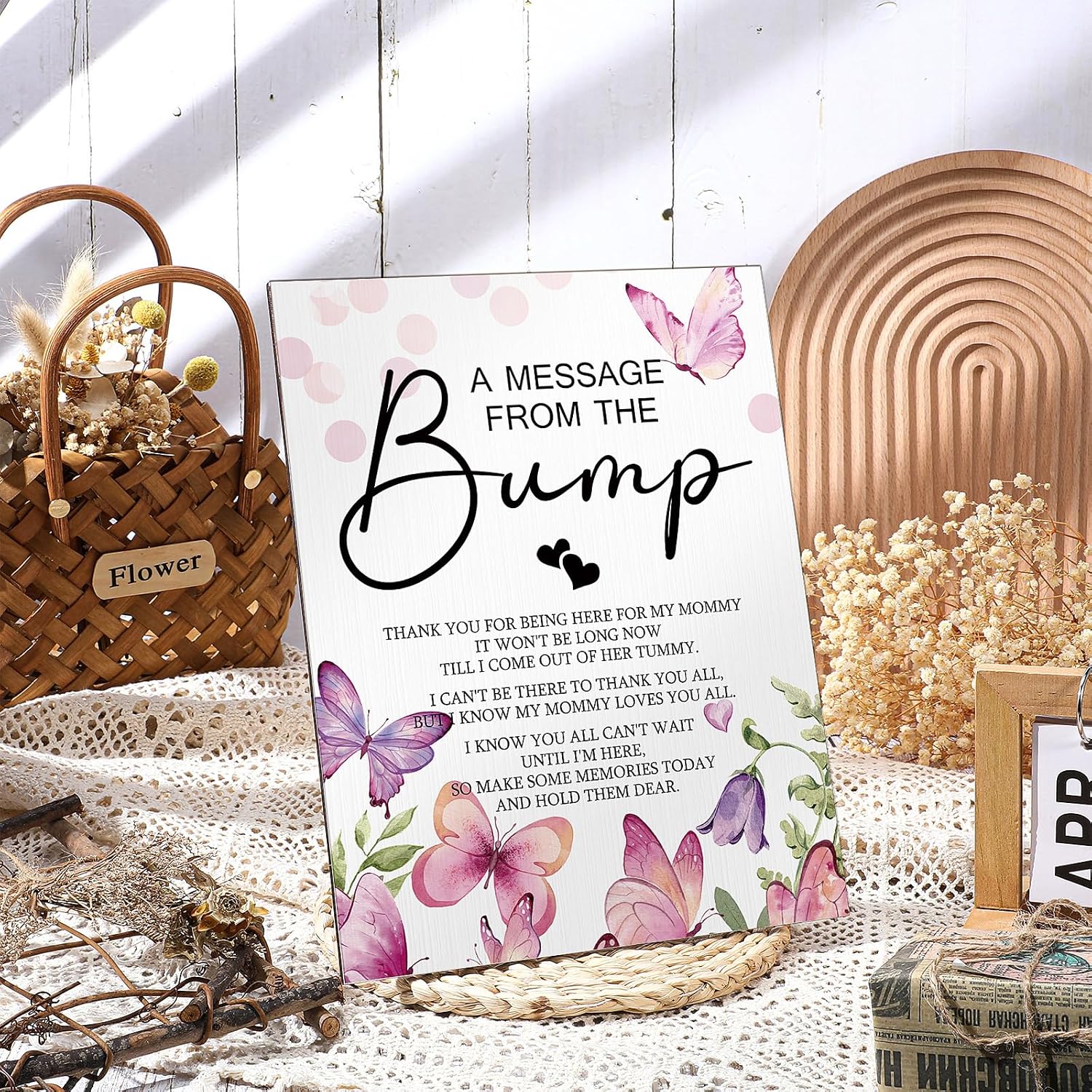 Roowest Cool Baby Shower Tabletop Decoration a Message from the Bump Wooden Baby Shower Games Sign Greenery Cute Gender Reveal Party Thank You Sign, 11.2 x 8.66 Inches(Butterfly)