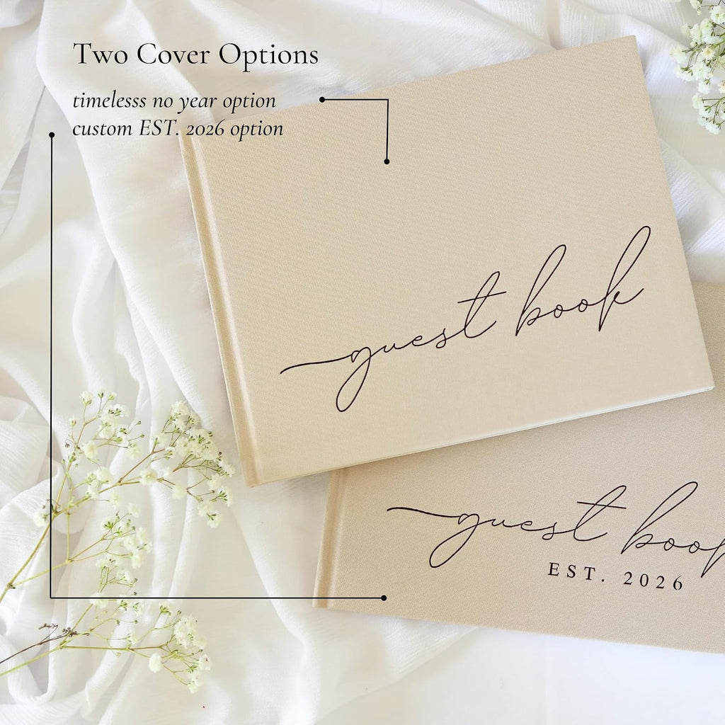 Wedding Guest Book With Personalized 2026 Year - Linen Photo Guestbook to Sign at Reception Party - Includes Clear Photo Corners Self Adhesive - 100 Pages Blank and Lined Thick Paper Guest Books