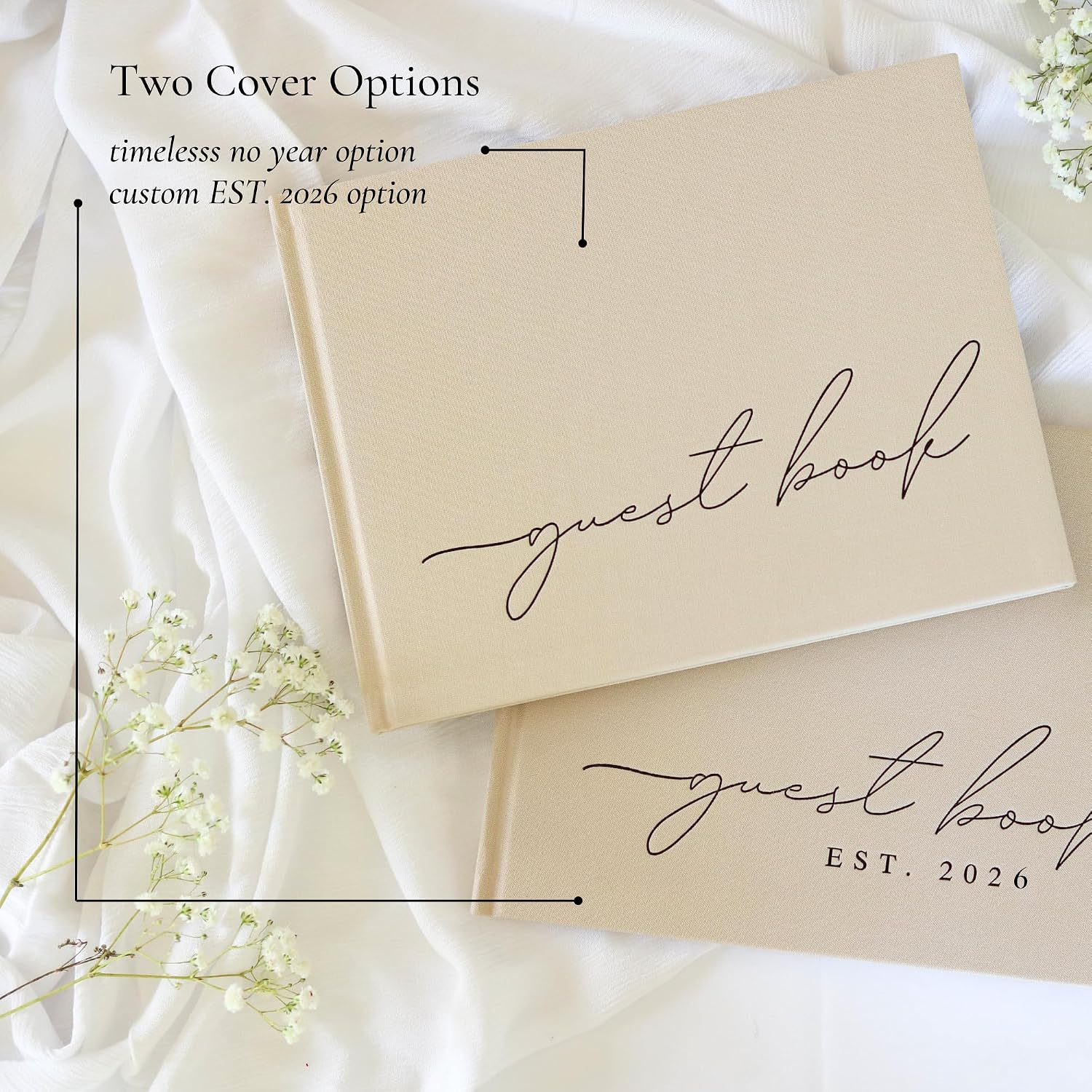 Wedding Guest Book With Personalized 2026 Year - Linen Photo Guestbook to Sign at Reception Party - Includes Clear Photo Corners Self Adhesive - 100 Pages Blank and Lined Thick Paper Guest Books