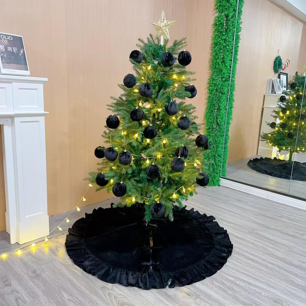 Velvet Christmas Tree Skirt Black 60 inch Ruffled Holiday Tree Skirt for Rustic Xmas Tree Decoration