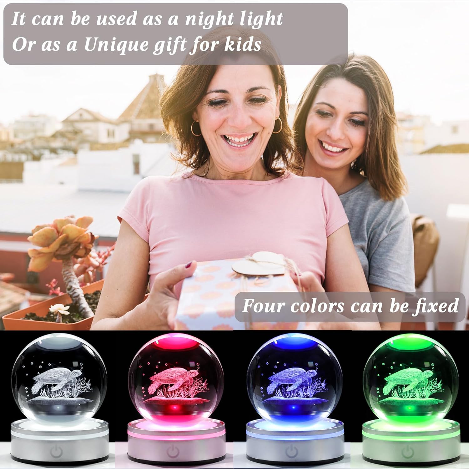Movdyka Sea Turtle Gifts for Women Men 3D Sea Turtle Decor Statue | Turtle Crystal Ball Night Light Laser Engraved Sea Turtle Ornament Figurine Glass Snow Globe Room Decorations Crafts