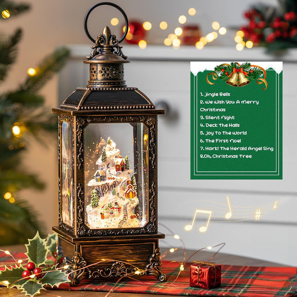 Christmas Snow Globe Lantern Musical Lighted Snow Mountain Snowman Village Water Lantern with Swirling Glitter Decoration for Christmas Home, Living Room, Batter Operated or USB Powered