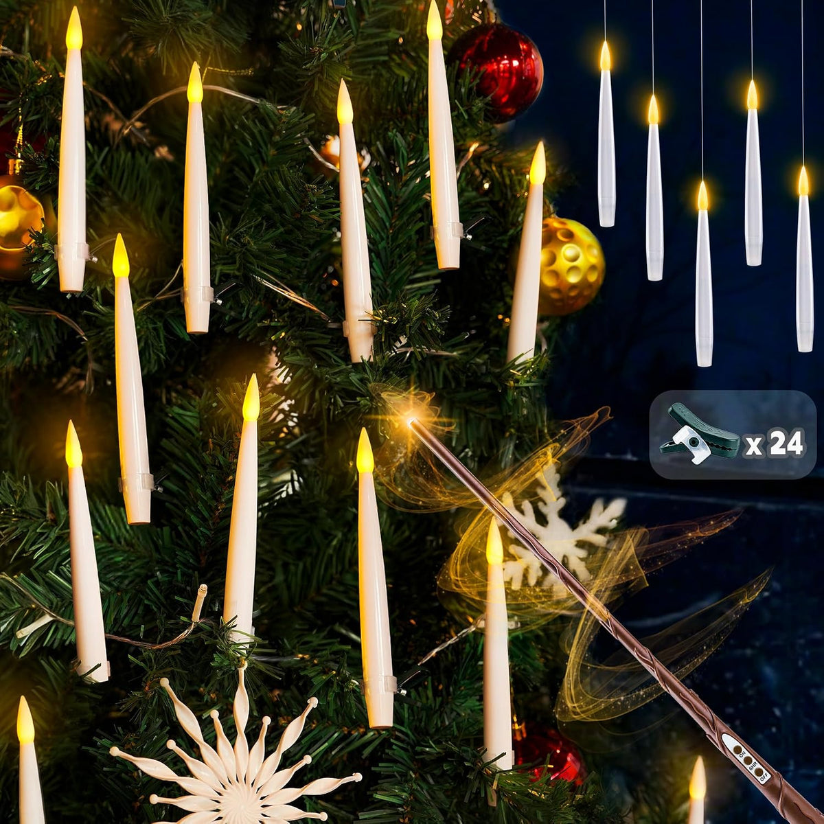 Fanna Clip-on Christmas Tree Candles with Magic Wand Remote - 24 Pcs
