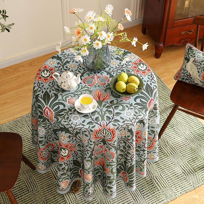 ISAENNE Designer Bohemian Linen Green Small Round Tablecloth,Floral Indoor Table Cloth,Stain Resistant Decor Tablecloths for Dining Thanksgiving Kitchen Party Christmas,Diameter 55"-Naples