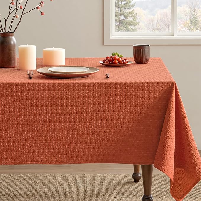 MIULEE Fall Tablecloth Burnt Orange Linen Cottton Table Cloth Rectangle Waterproof Spillproof Cross-Star Textured Decorative Farmhouse Style for Dining Party Weddings 60x84 Inch