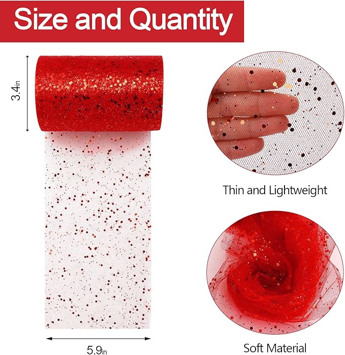 Glitter Tulle Rolls, 6” by 50 Yards (150FT) Sparkling Tulle Spool Ribbon Sequin Tulle Netting Fabric for Tutu Skirt Wedding Birthday Baby Shower (Red)