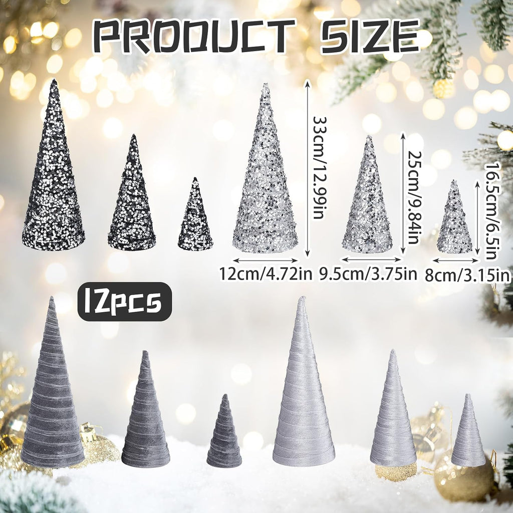 ireer 12 pcs silver gray christmas velvet cone shown in use
