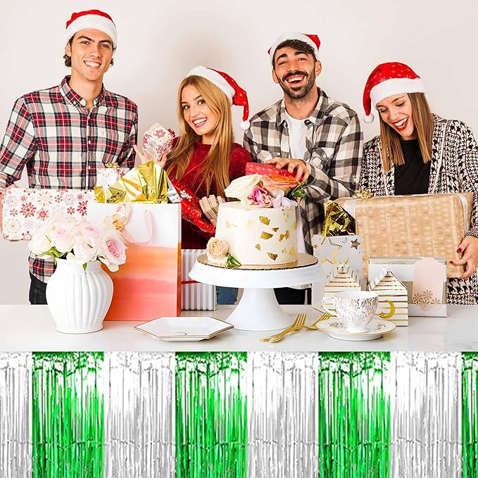 3 Pack 29 x108 Inch Silver Green Foil Fringe Table Skirts Metallic Banner for Tinsel Streamer Garland Backdrop for Parade Floats Mother's Day, Graduate, Birthday, Wedding Party Decoration
