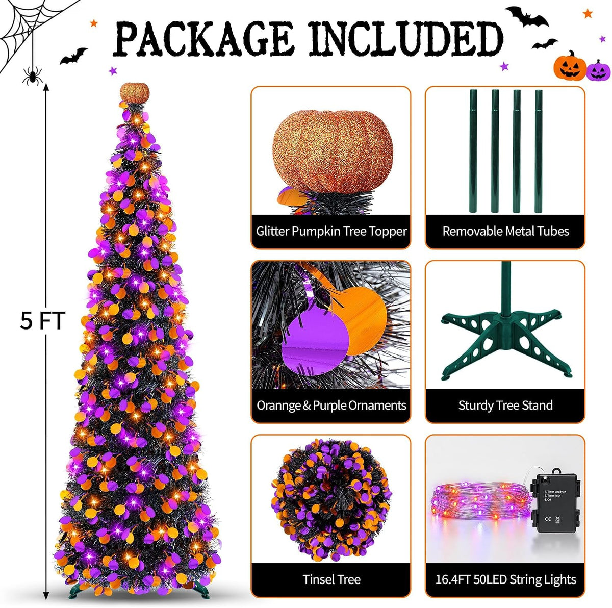 5FT Halloween Tree Decorations Indoor, Pop-up Orange Purple Halloween Tinsel ...