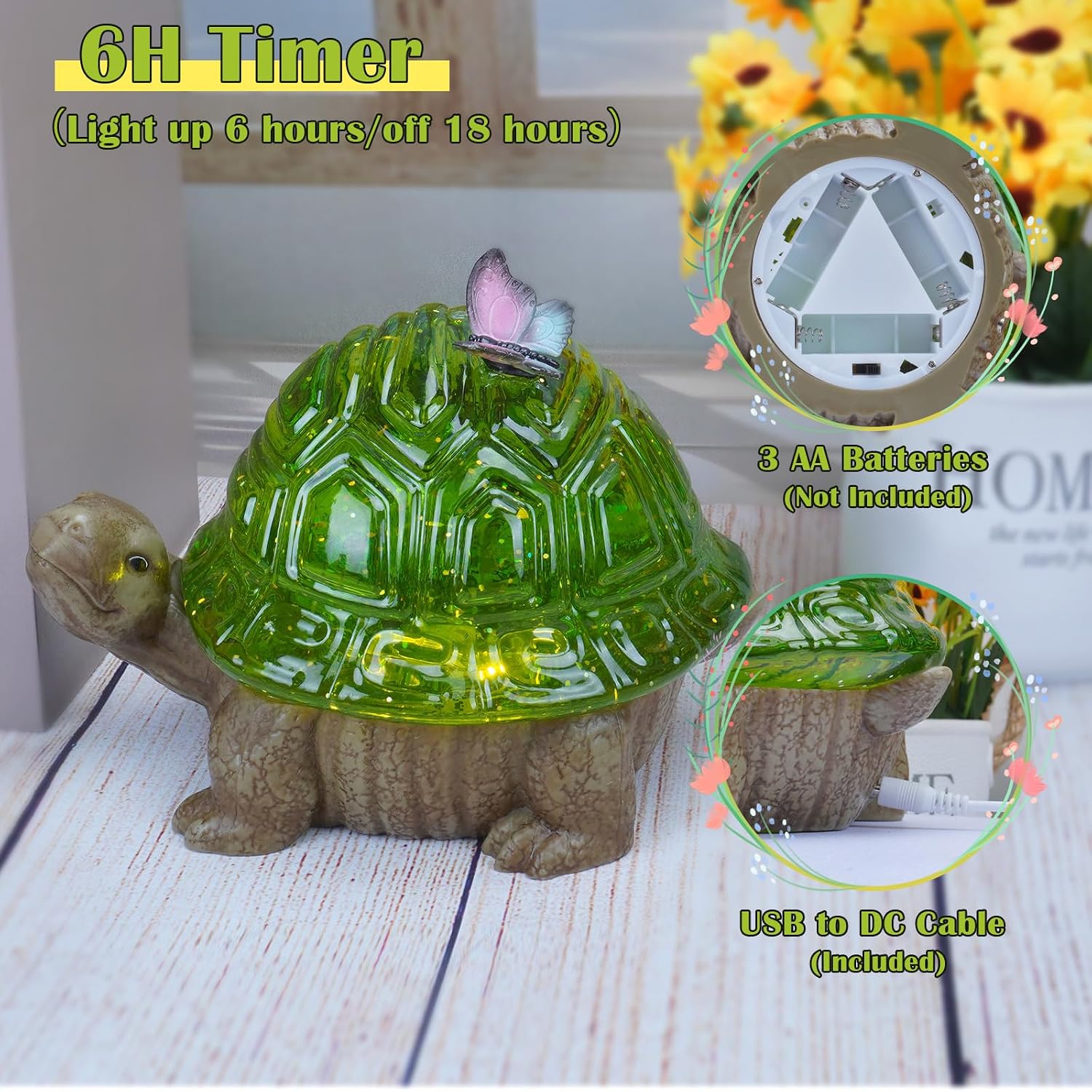Spring Turtle Snow Globe Decor with 6H Timer, Swirling Glitter Water Globe Tortoise Spring Decoration, USB/Battery Operated, Turtle Glowglobe for Spring Holiday Home Decor and Gift