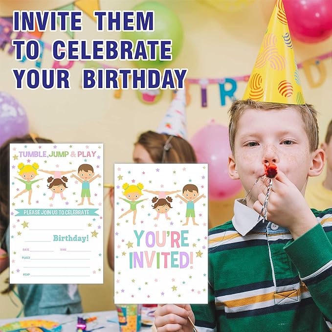 Gymnastics Birthday Party Invitation, Tumble Jump & Play Invite Cards（20 Count) With Envelopes, Fill In Style Invite Cards For Boys, Girls, Kids, Birthday Party Supplies-A46