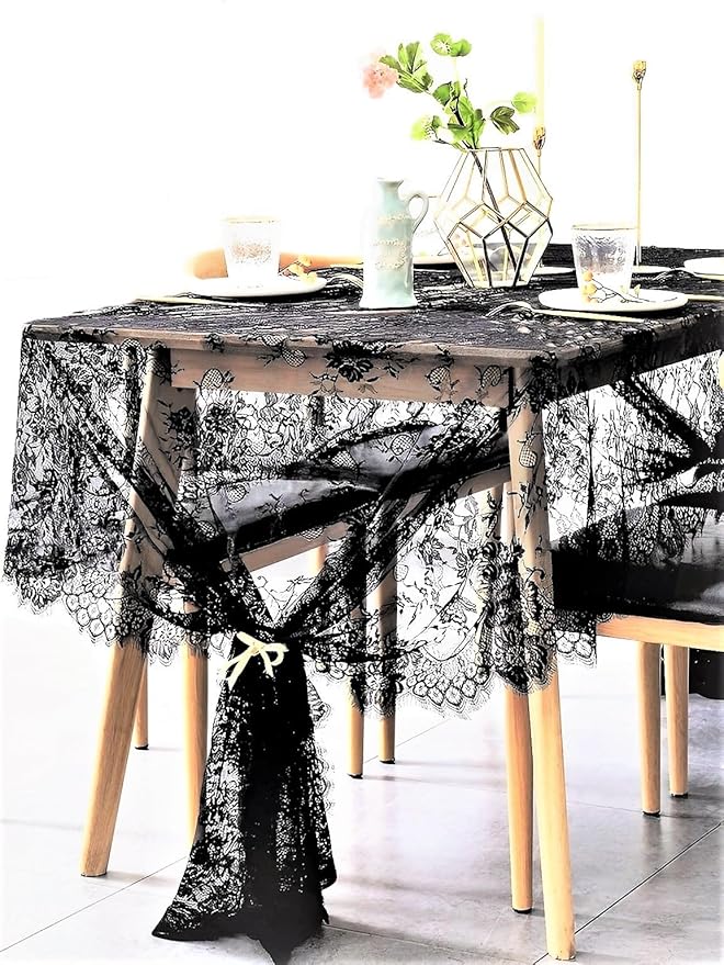 BOXAN Black Lace Tablecloth Overlay Rose Vintage Embroidered, Romantic Boho Wedding Reception Table Decor, Baby & Bridal Shower Décor, Elegant Chic Outdoor Tea Party Tablecover -120" x 60" Rectangular