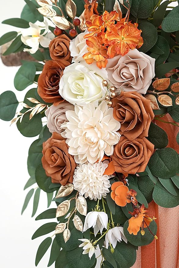 Burnt Orange Artificial Wedding Arch Flowers Kit (Pack of 3) with 26Ft Terracotta Shiny Arch Draping Fabric for DIY Wedding Party Ceremony Reception Backdrop Floral Decoration