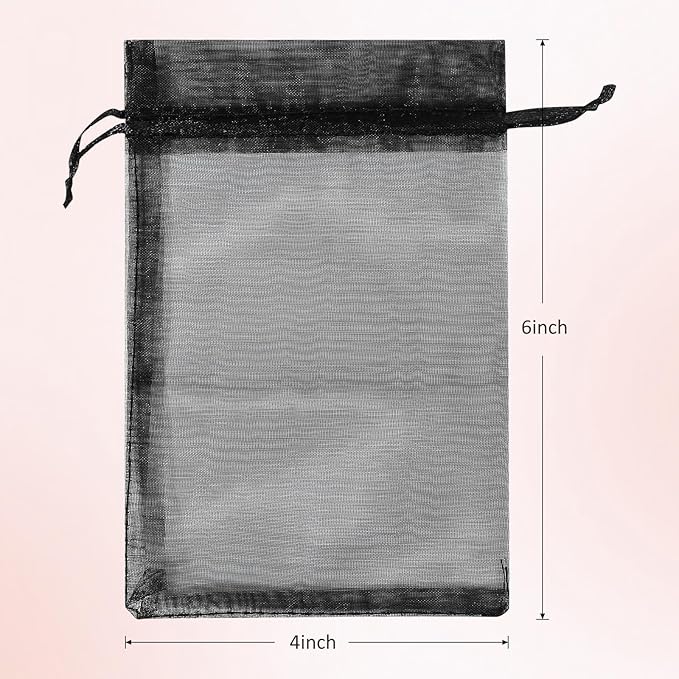 50PCS Sheer Organza Bags, Wedding Favor Bags with Drawstring, 4x6 inches Jewelry Gift Bags for Party, Jewelry, Festival, Makeup (Black)