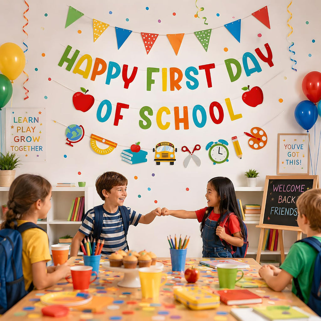 Back to School Decorations - Happy First Day of School Banner Sign Decor for Indoor Outdoor | Back To School Garland Backdrop - Hanging Classroom Decor Party Favors Supplies