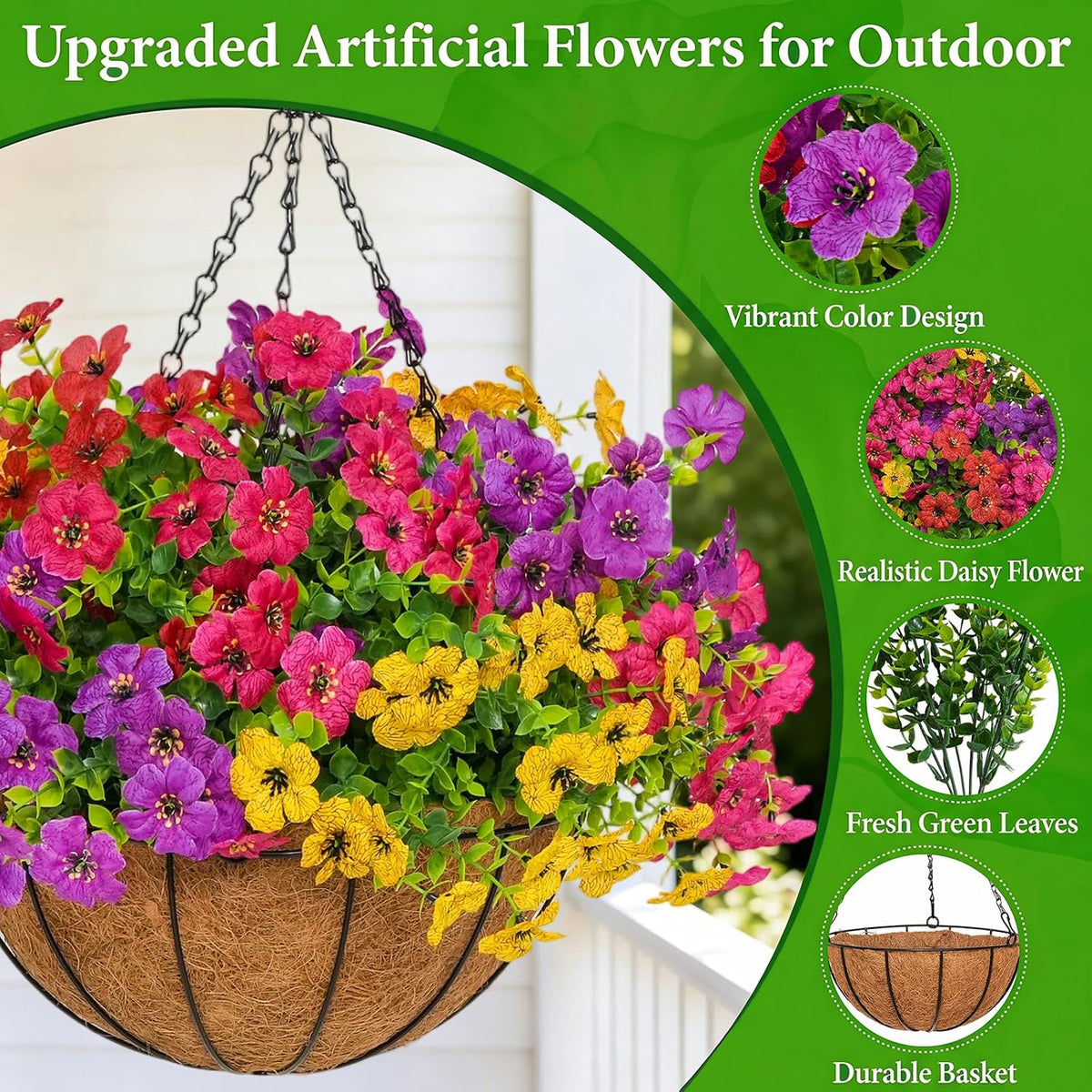 2 set artificial hanging flowers with baskets for, front angle view