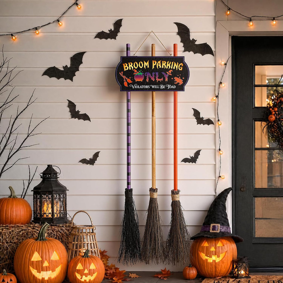 ELAMAS Halloween Decorations Light-up Broom Parking Only Sign with 3 Witch Br...