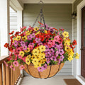 Artificial Outdoors Flowers with Hanging Basket, UV Resistant Fake Hanging Flowers, Faux Silk Plants with Planters for Porch Home Patio Balcony Yard (Rose Red, Purple, Yellow, Red)