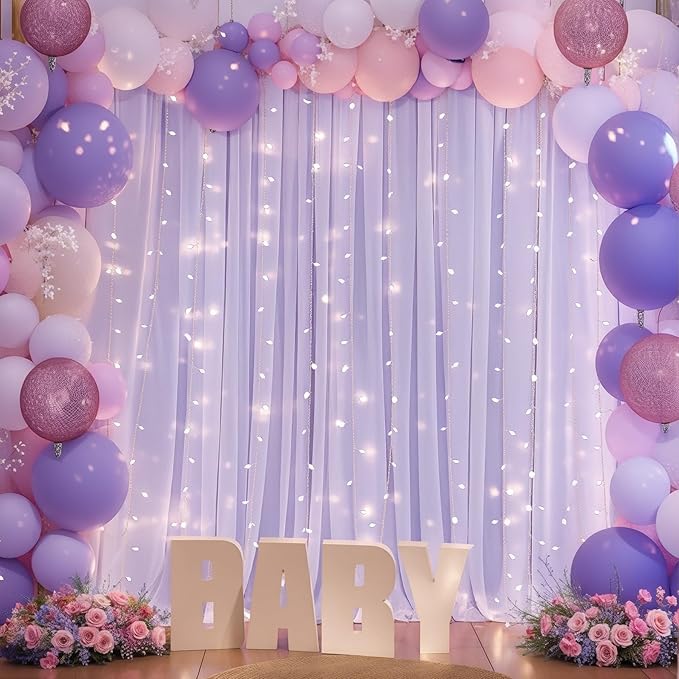 10ft x 7ft Lavender Chiffon Backdrop Curtain with Lights String for Parites Wedding Wrinkle Free Curtain Photo Backdrops Drapes for Baby Shower Birthday Party Home Decorations