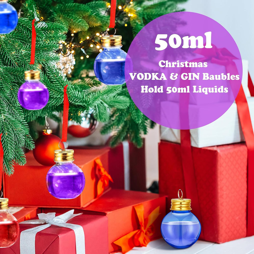 Patelai 24 Pcs Christmas Drink Balls Shot Glass Ornament Plastic Fillable Christmas Tree Ornaments Xmas Water Bottle Bulbs for Holiday Party Indoor Outdoor (Blue,Purple with Gold Lid)