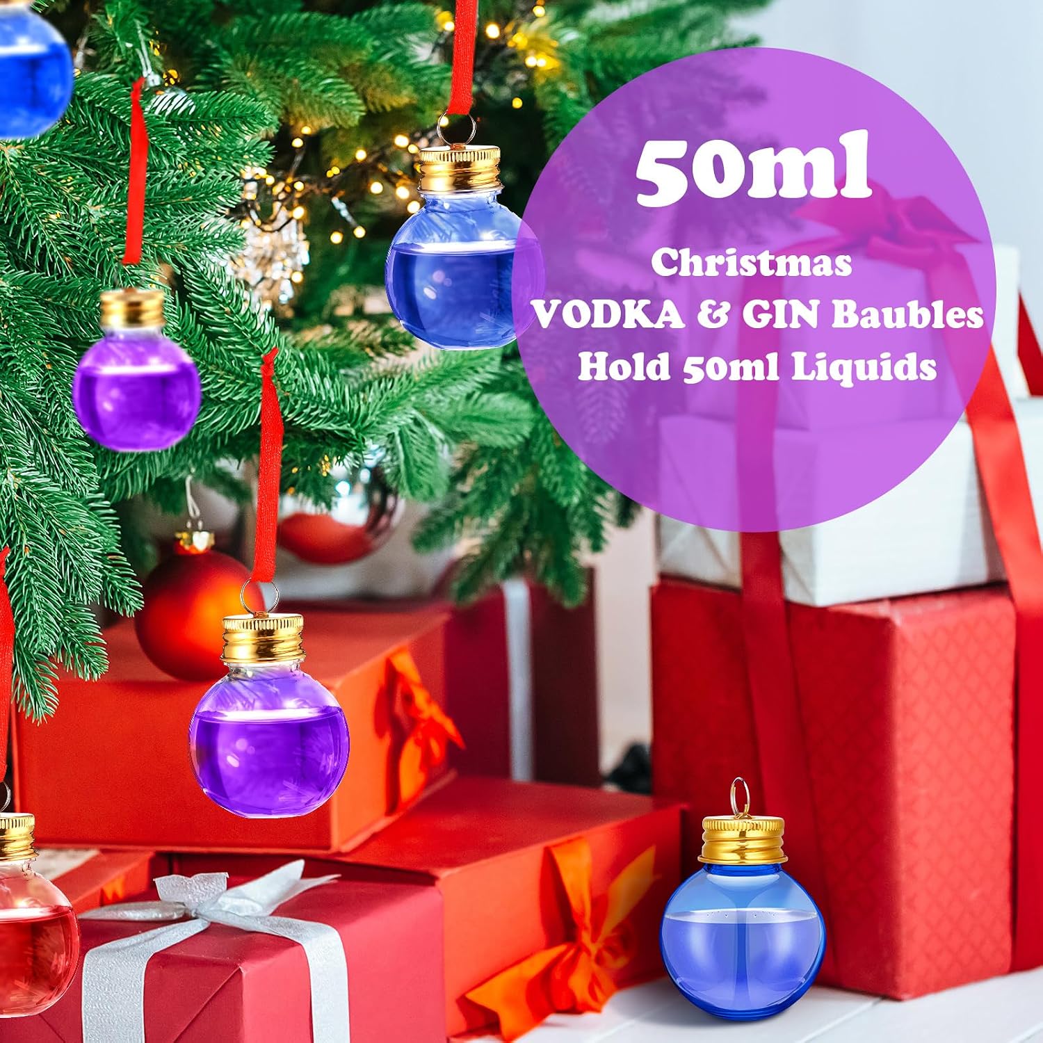 Patelai 24 Pcs Christmas Drink Balls Shot Glass Ornament Plastic Fillable Christmas Tree Ornaments Xmas Water Bottle Bulbs for Holiday Party Indoor Outdoor (Blue,Purple with Gold Lid)