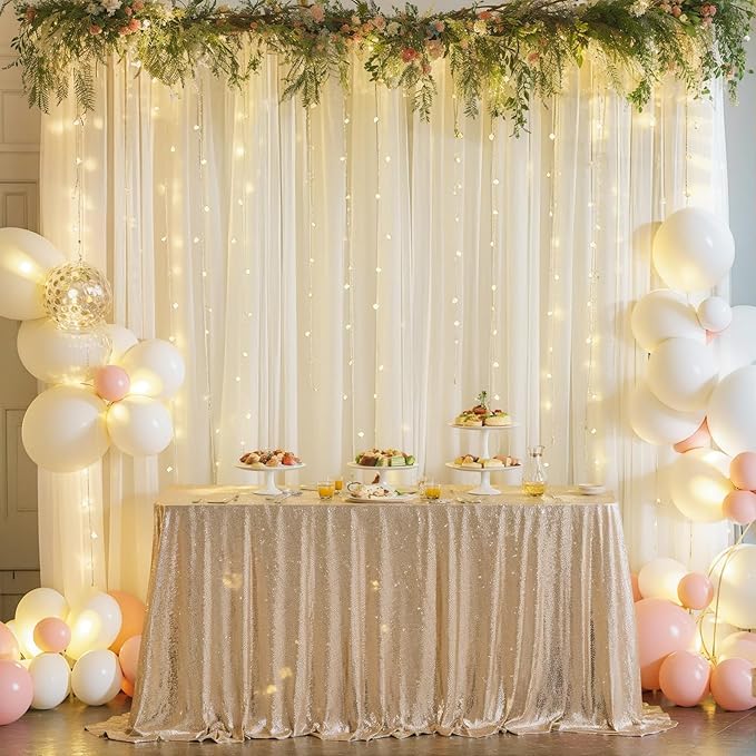 10ft x 10ft Ivory Chiffon Backdrop Curtain with Lights String for Parites Wedding Wrinkle Free Curtain Photo Backdrops Drapes for Baby Shower Birthday Party Home Decorations